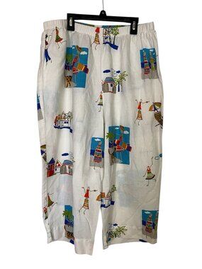 Hot Cotton White Wide Leg Pants with Multicolor Beach Print